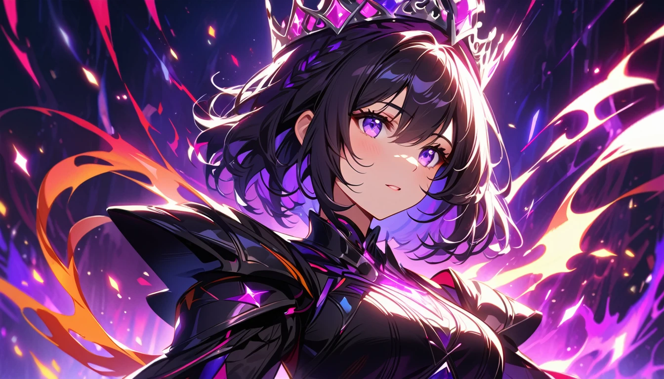 woman, black haired purple highlight, silver eyes, black and purple aura, short hair, crown with flames, glowing, glowing eyes, Glowing beauty.Dreamy art.Beautiful girl, starrystarscloudcolorful