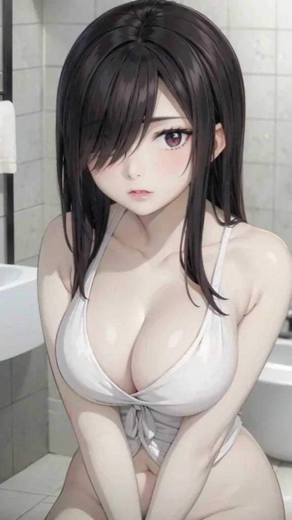 Cute mature women,plump, chubby, fat,realistic skin, realistic breast, muted colour,cold lighting, pale white skin, Nude,black hair, long hair, (hair over one eye:1.4), Messy hair,hair between eyes ,sleepy eyes , Sexy lips,pucker lipstik,charm,pubic hair pussy,dense pubic hair , extreme pubic hair,on the bathroom 