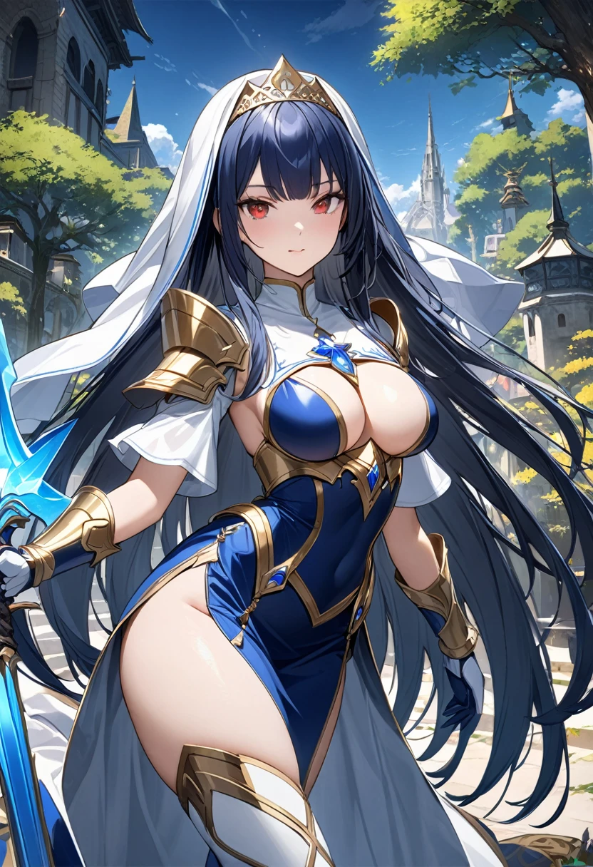 Highest quality、unity 8k wallpaper、32k、masterpiece、Very detailed、Ultra-high resolution、Very detailedな顔, RAW Photos, Professional, Ultra-fine painting, Midnight blue long straight hair、Platinum tiara with blue gemstones、Blue Nun Cape、Red Eyes、(Tree Eyes), Cool and sharp features, hime cut, 20~A female magical warrior, about 24 years old.、White and gold breastplate、Blue and white leotard、(((Blue and white gold-embellished long pencil skirt with side armor and long slits)))、Half puff sleeves with shoulder pads、A large white ribbon with a large sapphire on the chest、White and blue long gloves、(((White and blue thigh-high stiletto boots:1.0)))、whole body、He has a spear with a glowing blue blade