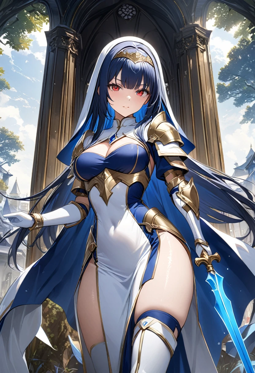 Highest quality、unity 8k wallpaper、32k、masterpiece、Very detailed、Ultra-high resolution、Very detailedな顔, RAW Photos, Professional, Ultra-fine painting, Midnight blue long straight hair、Platinum tiara with blue gemstones、Blue Nun Cape、Red Eyes、(Tree Eyes), Cool and sharp features, hime cut, 20~A female magical warrior, about 24 years old.、White and gold breastplate、Blue and white leotard、(((Blue and white gold-embellished long pencil skirt with side armor and long slits)))、Half puff sleeves with shoulder pads、A large white ribbon with a large sapphire on the chest、White and blue long gloves、(((White and blue thigh-high stiletto boots:1.0)))、whole body、He has a spear with a glowing blue blade