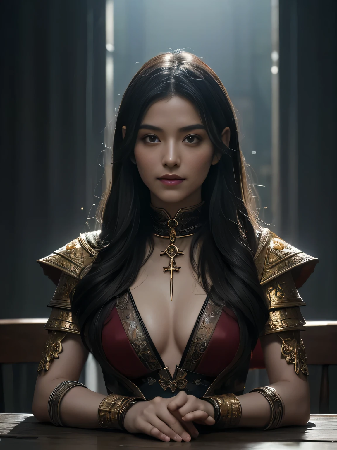 A realistic black bra is visible underneath the armor., Full body image, Highest quality,masterpiece,masterpiece portrait,Intricate details,Magnificent Light,Fantasy,Dungeons & dragon,Retro,priest,Dark Elf,One girl,Wooden table,Shoulder strap,Grey Skin,Elegant smile,squint,Close-up portrait of a Mycenaean Drow woman wearing gold jewelry, Spider:0.9, web:1.0, Fantasy, Volumetric lighting, コンセプトart, Brush Stroke Style, artステーション, trend, Very detailed, art:Greg Rutkowski
