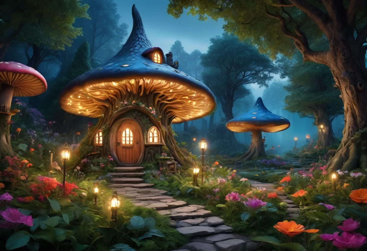 (Mysterious fantasy forest at night, Dense trees, A strange and cute little tree:1.5), A hobbit cabin, It is vividly depicted in the work (Best quality, 8K, Advanced resolution, Masterpiece: 1.2), With ultra-detailed detail, (1.4x realism, Photorealistic: 1.37). This fantasy forest is made up of dark, enchanting colors, bathed in the cool glow of the moon, creating a serene and mystical atmosphere. The house has been designed with great attention to detail, with a complex design and unique architecture, similar to a mushroom-shaped house. (This fantasy forest is surrounded by lush greenery and colorful flowers), Elevate a captivating and magical environment. The artwork showcases an illustrative style, inspired by children's book illustrations, ensuring a glamorous and nostalgic touch. The color palette consists of deep, vibrant hues, seven colors, evoking feelings of wonder and enchantment. Lighting accentuates the picturesque scene, soft and cool shadows are created that add depth and tranquility to the artwork. Every detail is impeccably presented, creating a visually stunning masterpiece, capturing the essence of the fantasy forest at night.