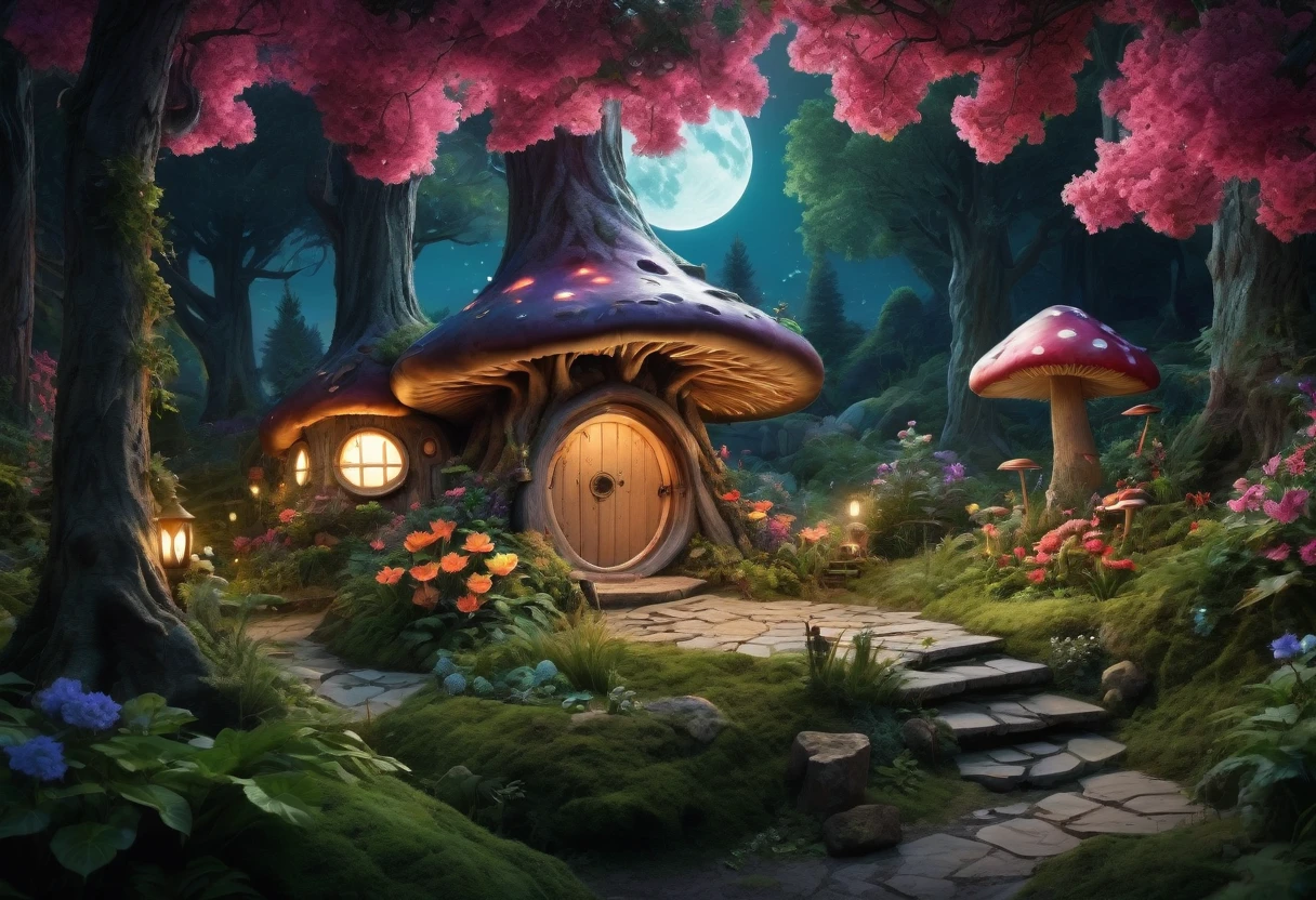 (Mysterious fantasy forest at night, Dense trees, A strange and cute little tree:1.5), A hobbit cabin, It is vividly depicted in the work (Best quality, 8K, Advanced resolution, Masterpiece: 1.2), With ultra-detailed detail, (1.4x realism, Photorealistic: 1.37). This fantasy forest is made up of dark, enchanting colors, bathed in the cool glow of the moon, creating a serene and mystical atmosphere. The house has been designed with great attention to detail, with a complex design and unique architecture, similar to a mushroom-shaped house. (This fantasy forest is surrounded by lush greenery and colorful flowers), Elevate a captivating and magical environment. The artwork showcases an illustrative style, inspired by children's book illustrations, ensuring a glamorous and nostalgic touch. The color palette consists of deep, vibrant hues, seven colors, evoking feelings of wonder and enchantment. Lighting accentuates the picturesque scene, soft and cool shadows are created that add depth and tranquility to the artwork. Every detail is impeccably presented, creating a visually stunning masterpiece, capturing the essence of the fantasy forest at night.