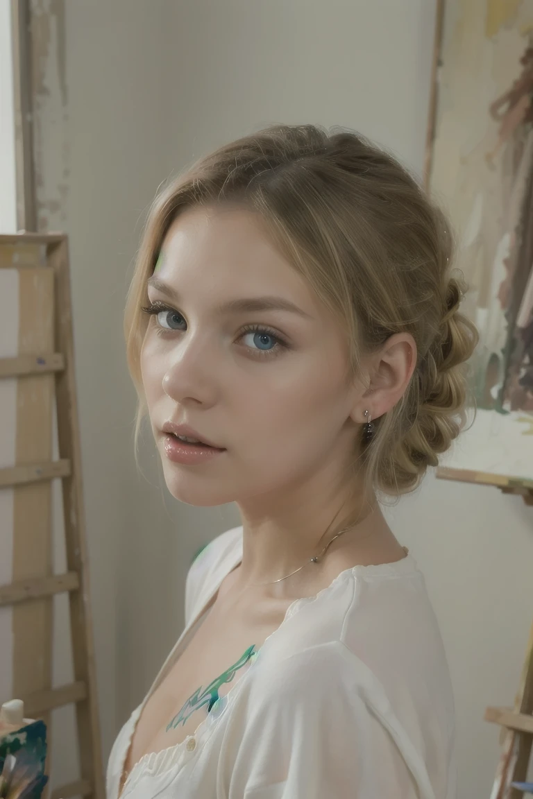 A girl 20 years with blonde hair pinned up, piercing blue eyes and a beautiful red mouth, in a painter&#39;s studio, ((she paints a nude picture of herself with oil paints)). she is wearing a beige 8-sweater with seven color stripes starting from yellow at the top and ending in dark purple)(. she holds a brush with red paint in her right hand from which a drop of paint is about to fall, 16K, HD, uhd