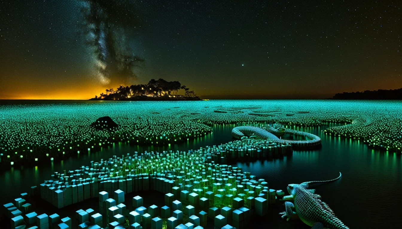 An enchanted forest made up of RAL-3D cubes, Surrounded by the fantastic light of fireflies ,The wide sea is nearby,There are lots of small lizards,so beautiful,There are many small lizards living here