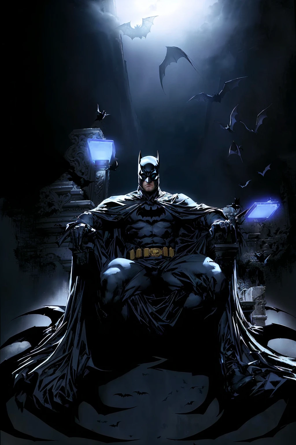 bat Man sitting on a throne with bats flying around, b