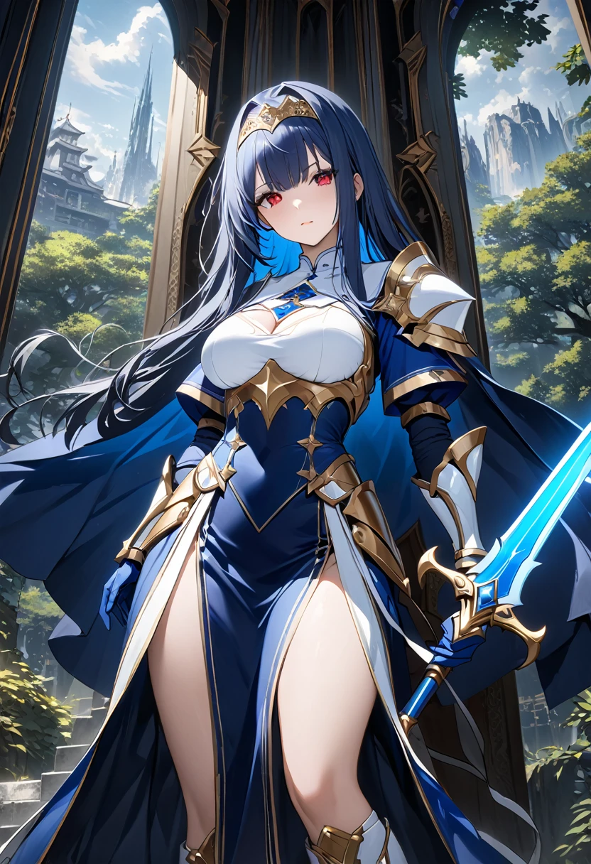 Highest quality、unity 8k wallpaper、32k、masterpiece、Very detailed、Ultra-high resolution、Very detailedな顔, RAW Photos, Professional, Ultra-fine painting,　Midnight blue long straight hair、Platinum tiara with blue gemstones、Blue Nun Cape、Red Eyes、(Tree Eyes), Cool and sharp features, hime cut, 20～A female magical warrior, about 24 years old.、White and gold breastplate、Blue and white leotard、(((Blue and white gold-embellished long pencil skirt with side armor and long slits)))、Half puff sleeves with shoulder pads、A large white ribbon with a large sapphire on the chest、White and blue long gloves、(((White and blue thigh-high stiletto boots:1.0)))、whole body、He has a spear with a glowing blue blade