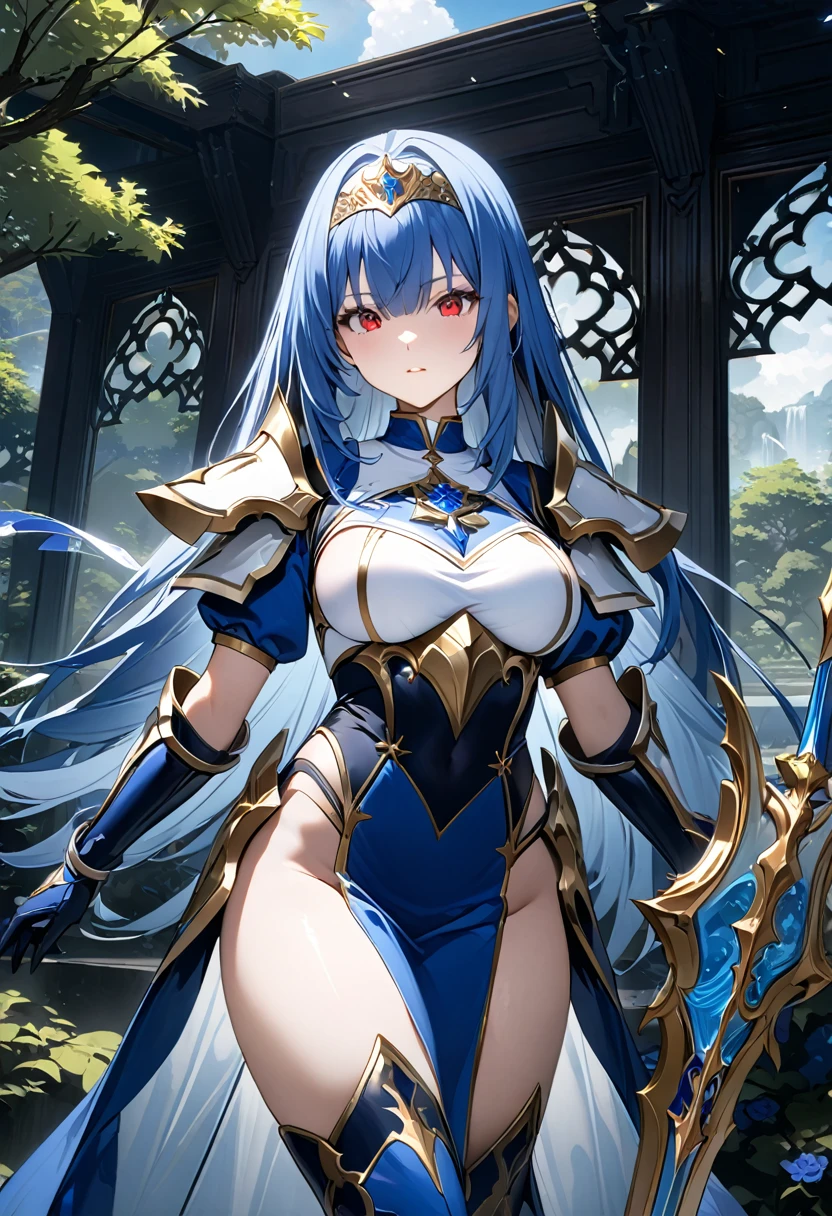 Highest quality、unity 8k wallpaper、32k、masterpiece、Very detailed、Ultra-high resolution、Very detailedな顔, RAW Photos, Professional, Ultra-fine painting, Midnight blue long straight hair、Platinum tiara with blue gemstones、Blue Nun Cape、Red Eyes、(Tree Eyes), Cool and sharp features, hime cut, 20~A female magical warrior, about 24 years old.、White and gold breastplate、Blue and white leotard、(((Blue and white gold-embellished long pencil skirt with side armor and long slits)))、Half puff sleeves with shoulder pads、A large white ribbon with a large sapphire on the chest、White and blue long gloves、(((White and blue thigh-high stiletto boots:1.0)))、whole body、He has a spear with a glowing blue blade
