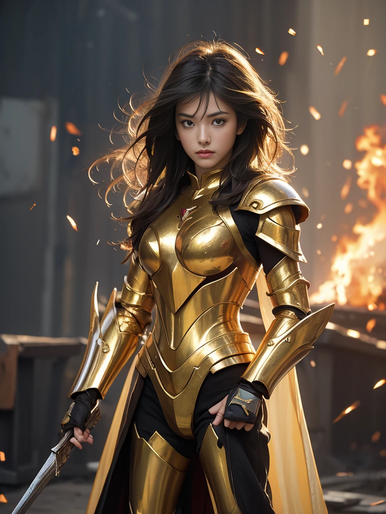 (masterpiece), (Highest quality), (1 Girl), Girl in golden armor, Cool pose, Battlefield Background, Fire background, Saint Seiya Armor, Messy Hair, Broken Armor, Tattered clothes