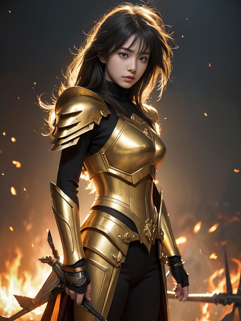 (masterpiece), (Highest quality), (1 Girl), Girl in golden armor, Cool pose, Battlefield Background, Fire background, Saint Seiya Armor, Messy Hair, Broken Armor, Tattered clothes