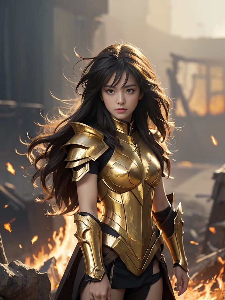 (masterpiece), (Highest quality), (1 Girl), Girl in golden armor, Cool pose, Battlefield Background, Fire background, Saint Seiya Armor, Messy Hair, Broken Armor, Tattered clothes