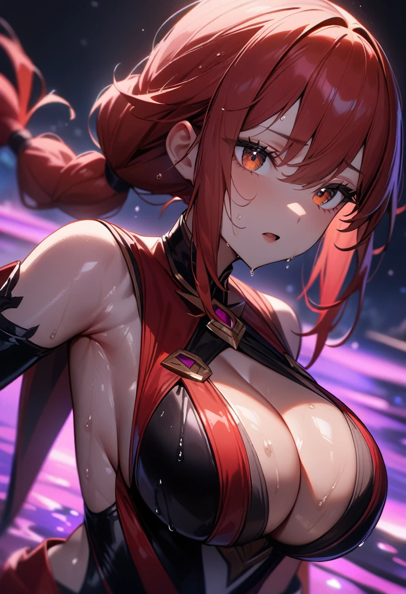 1girl,solo,super detailed skin,shiny skin,wet oily skin, expressionless face,half open mouth,eyelashes,red hair,multi-tied hair,long hair,large breasts,unique and complex clothes,night fantasy pond,luminous pond,masterpiece,best quality,ultra detailed,high resolution,sharp focus,depth of field