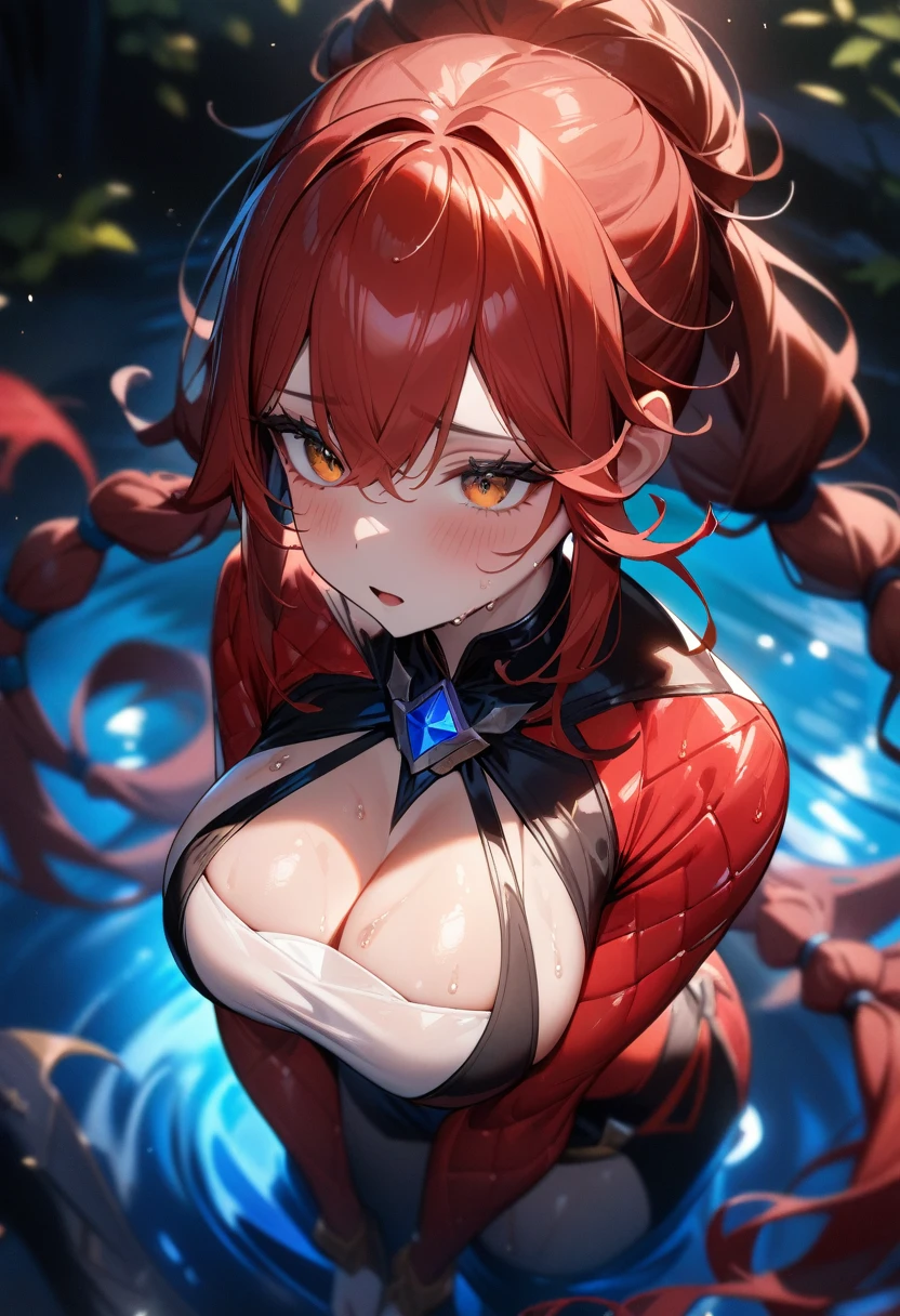 1girl,solo,super detailed skin,shiny skin,wet oily skin, expressionless face,half open mouth,eyelashes,red hair,multi-tied hair,long hair,large breasts,unique and complex clothes,night fantasy pond,luminous pond,masterpiece,best quality,ultra detailed,high resolution,sharp focus,depth of field