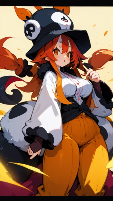 Anime, 8 girls, huge hairstyle, multicolored hair, panda's hat, busty, gorgeous, plump body, Long cardigans, Long shirts, Orange pants, panda's hat, Long tails