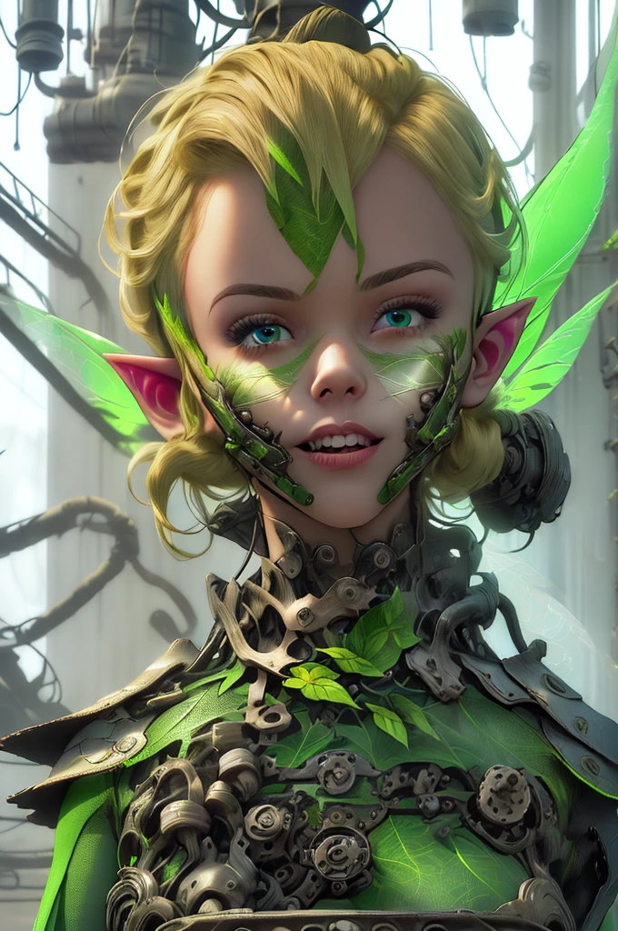 provocative, perfect ligthing, looking at viewer, cinematic lighting, cowboy shot,  TinkerBell, (TinkerBellWaifu:1.1), single hair bun, (dress), (green clothe), (transparent fairy wings:1.6), (green clothe), ((clothes made from leaves)), pointy ears, blue eyes, blush, shrunken, inside clock, mechanical clock, gears in the background, (tinkering:1.5), pixiedust,