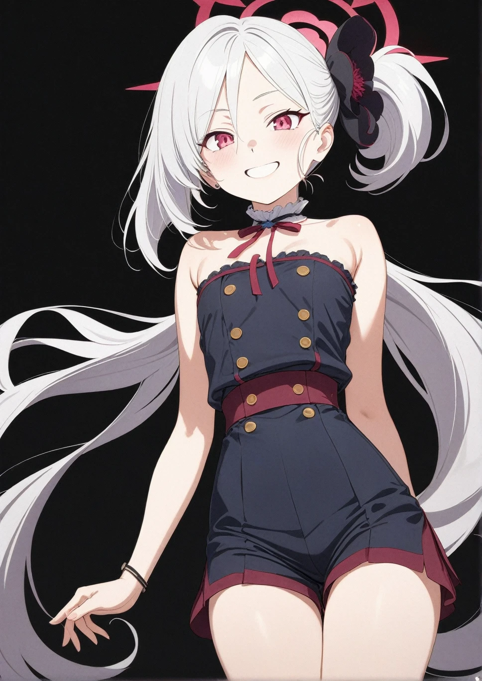 best quality, amazing quality, very aesthetic, absurdres, 1girl, mutsuki (blue archive), blue archive, red eyes, white hair, strapless, (artist official art:1.5), (realistic face), (grin), (cowboy shot), , shorts, (thigh), expressive eyes, perfect face, 4k, extremely detailed anime illustration, extremely detailed eyes, enhanced details, perfect anatomy, light rays, photo background, extremely delicate body, smooth skin, feminine expression, (black background:1.5), cristal clear eyes, beautiful face, small breasts
