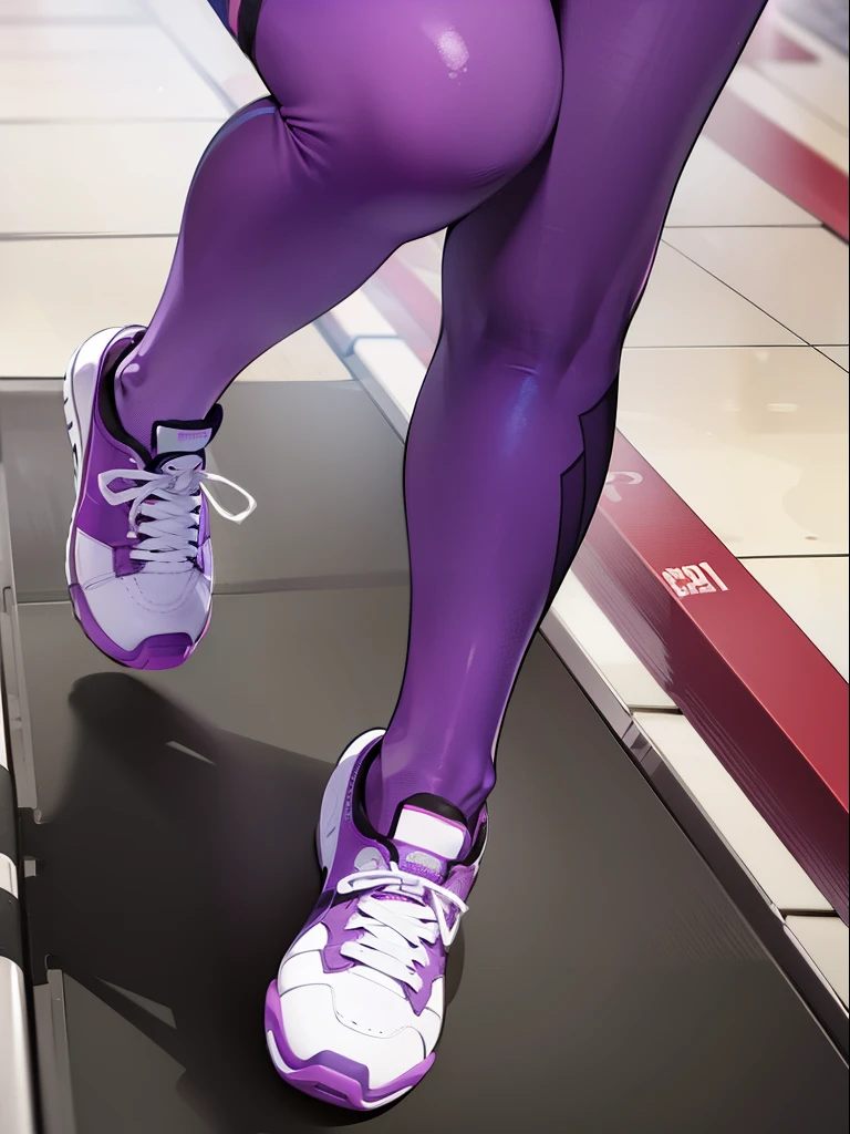 running, legs, running on treadmill, running, purple yogapants, purple yoga pants, exercise shoes, running on treadmill