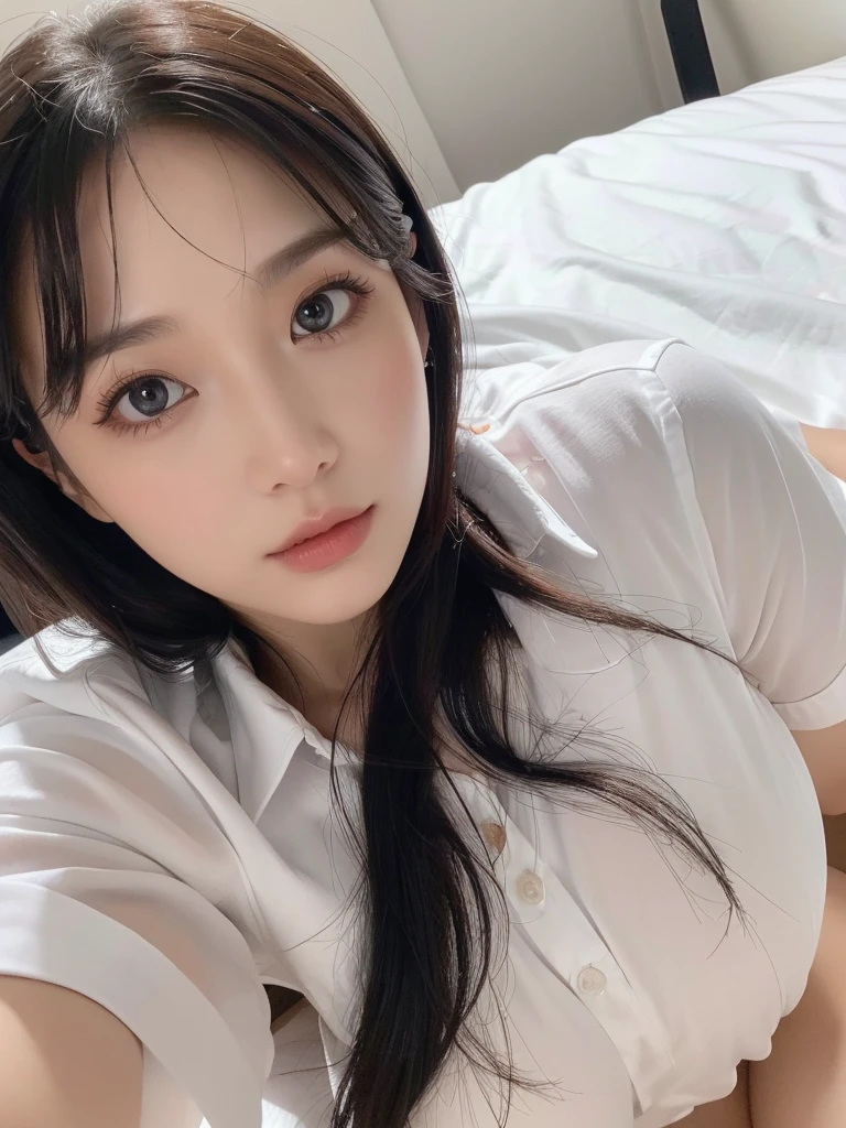 ((best quality, 8K, masterpiece :1.3)), 1 woman, whole body, beautiful woman, hidden face, very detailed face, very detailed eyes, double eyelid, long hair, black hair, face slimming, big bust, white dress shirt, bed,