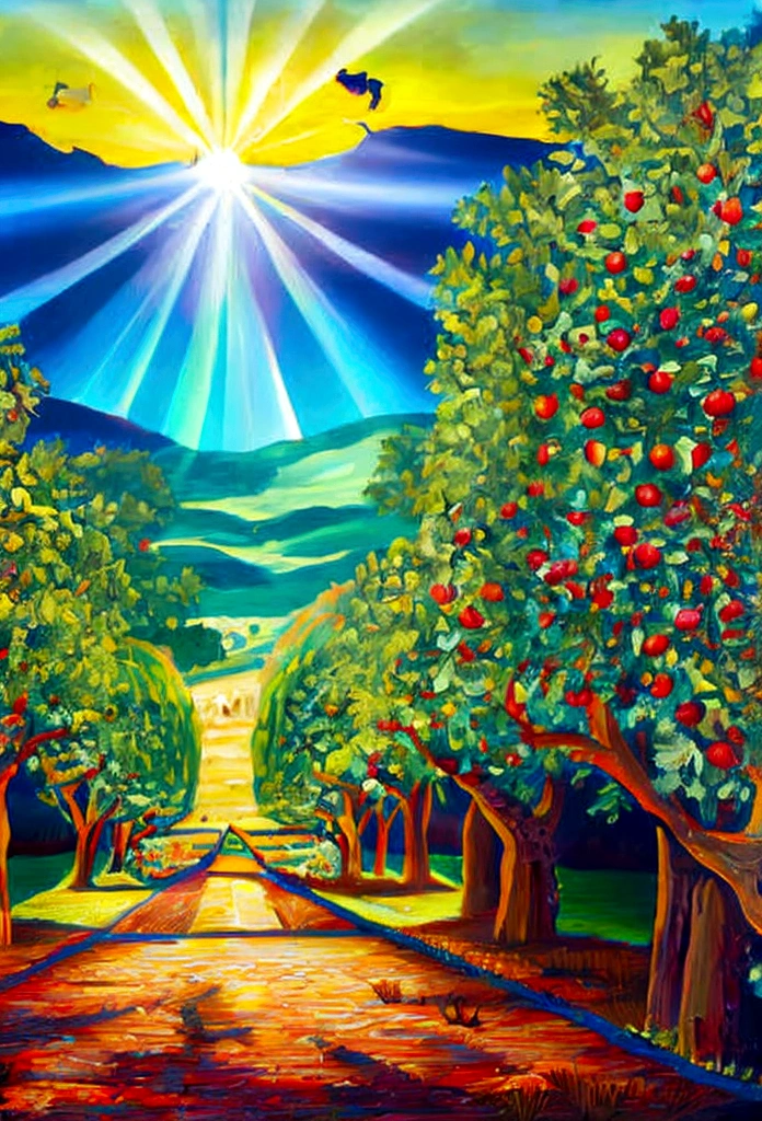 An orchard full of fruits,apple,Grape,peach,Pomegranate,Oil painting style,Bright sunlight shines through the screen,Idyllic atmosphere，Nostalgia，Artistic masterpiece