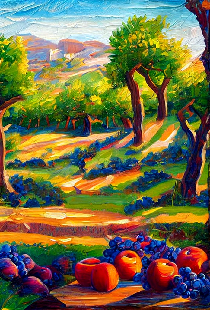 An orchard full of fruits,apple,Grape,peach,Pomegranate,Oil painting style,Bright sunlight shines through the screen,Idyllic atmosphere，Nostalgia，Artistic masterpiece