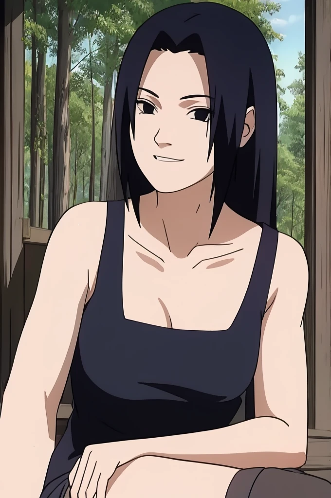 Mikoto Uchiha, oil painting, ultra-detailed, realistic, portrait, vivid colors, soft lighting, (best quality,4k,8k,highres,masterpiece:1.2), professional, long black hair, black eyes, beautiful detailed eyes and face, extremely detailed smile, long eyelashes, looking at viewer, very short top, big ass, bare shoulders, white shorts, outdoors, forest, cowboy shot, clavicle.