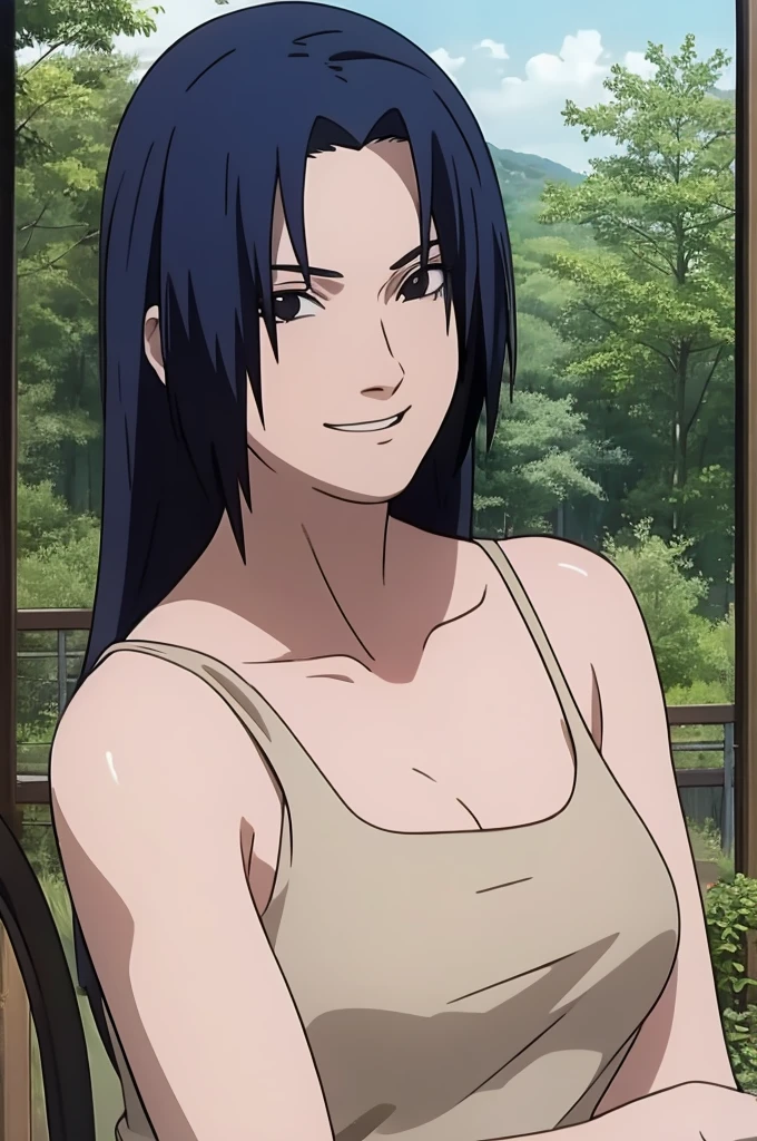 Mikoto Uchiha, oil painting, ultra-detailed, realistic, portrait, vivid colors, soft lighting, (best quality,4k,8k,highres,masterpiece:1.2), professional, long black hair, black eyes, beautiful detailed eyes and face, extremely detailed smile, long eyelashes, looking at viewer, very short top, big ass, bare shoulders, white shorts, outdoors, forest, cowboy shot, clavicle.