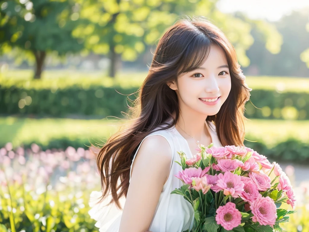 Create an image of a young woman around 25 years old, Inspired by the image provided. women are長い間, Flowing hair and a sweet smile, Holding a bouquet similar to the one in the reference. A beautiful outdoor setting with a green background is preferable, Remembering sunny days. women are、While maintaining a warm and friendly expression、Should have a slightly mature appearance。. Make sure the lighting and colors are soft and natural, Her youth々Emphasizes the beauty of a mature woman.
Photo style　pastel colour　