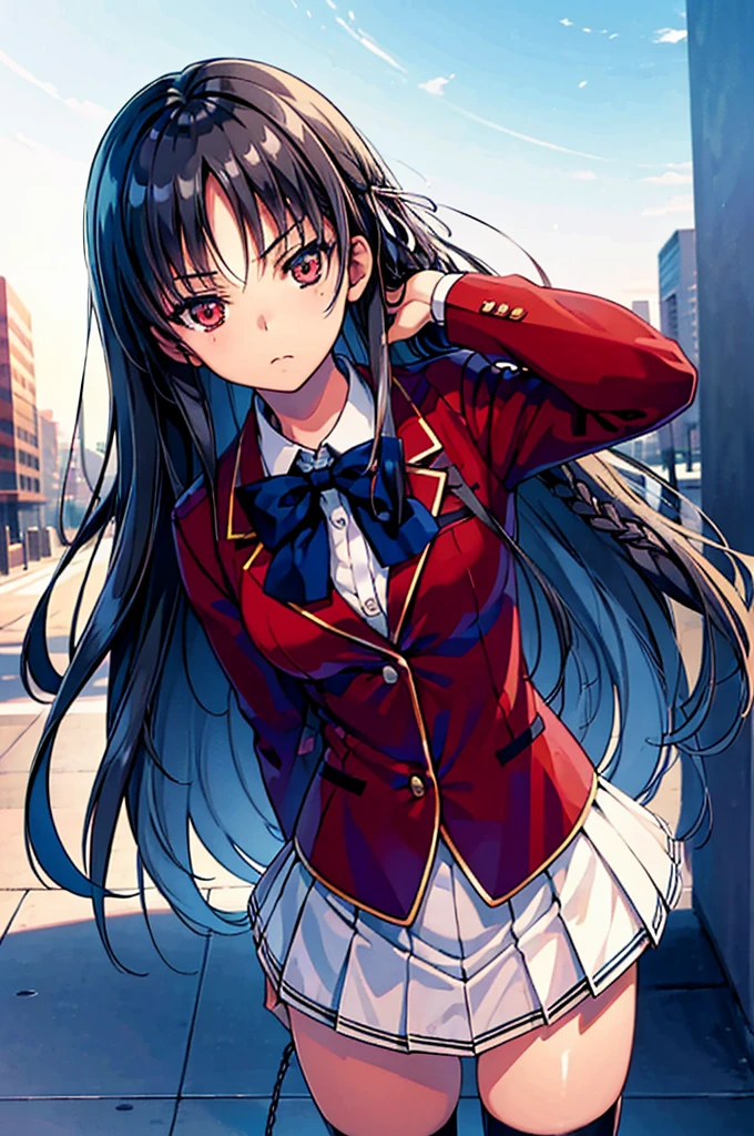 masterpiece, best quality, high resolution, best illustration, super fine illustration, (official art:0.8), anime screencap, detailed beautiful face and eyes, anime keyvisual, (perfect anatomy:1.5), 8k portrait, (detail focus fingers:1.2),
1girl,
Suzune Horikita,
Suzune Horikita \(youjitsu\),
long hair, braid,
black hair,
(red eyes:1.2), slant eyes, small eyes,
blue bow,
medium breasts,
(school uniform, red jacket, white skirt, pleated skirt, black thigh-high socks),
looking at viewer,
cowboy shot,
perfect light, background of outdoors,