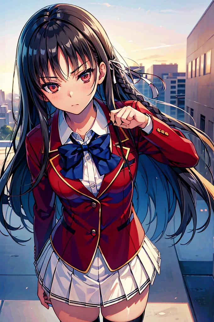 masterpiece, best quality, high resolution, best illustration, super fine illustration, (official art:0.8), anime screencap, detailed beautiful face and eyes, anime keyvisual, (perfect ???????:1.5), 8k portrait, (detail focus fingers:1.2), 
1girl,
Suzune Horikita, 
Suzune Horikita \(youjitsu\),
long hair, braid, 
black hair, 
(red eyes:1.2), slant eyes, small eyes, 
blue bow, 
medium breasts, 
(school uniform, red jacket, white skirt, pleated skirt, black thigh-high socks),
looking at viewer, 
cowboy shot, 
perfect light, background of outdoors, 