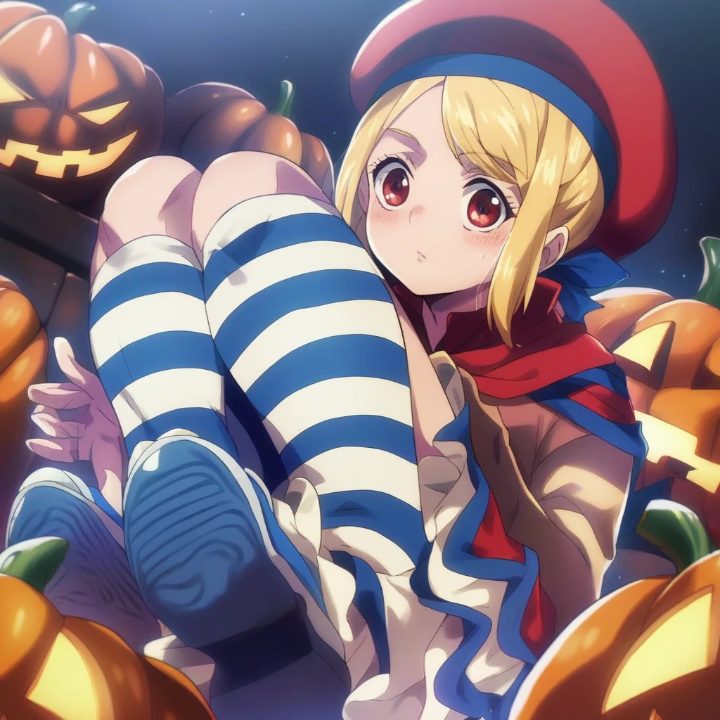 score_9, score_8_up, score_7_up, score_6_up, score_5_up, score_4_up, BREAK, source_cartoon, source_anime, Lambdadelta
blue beret
dress
blonde hair
short hair
blue and white striped knee highs
blue shoes
red eyes
pumpkin
jack-o’-lantern, portrait