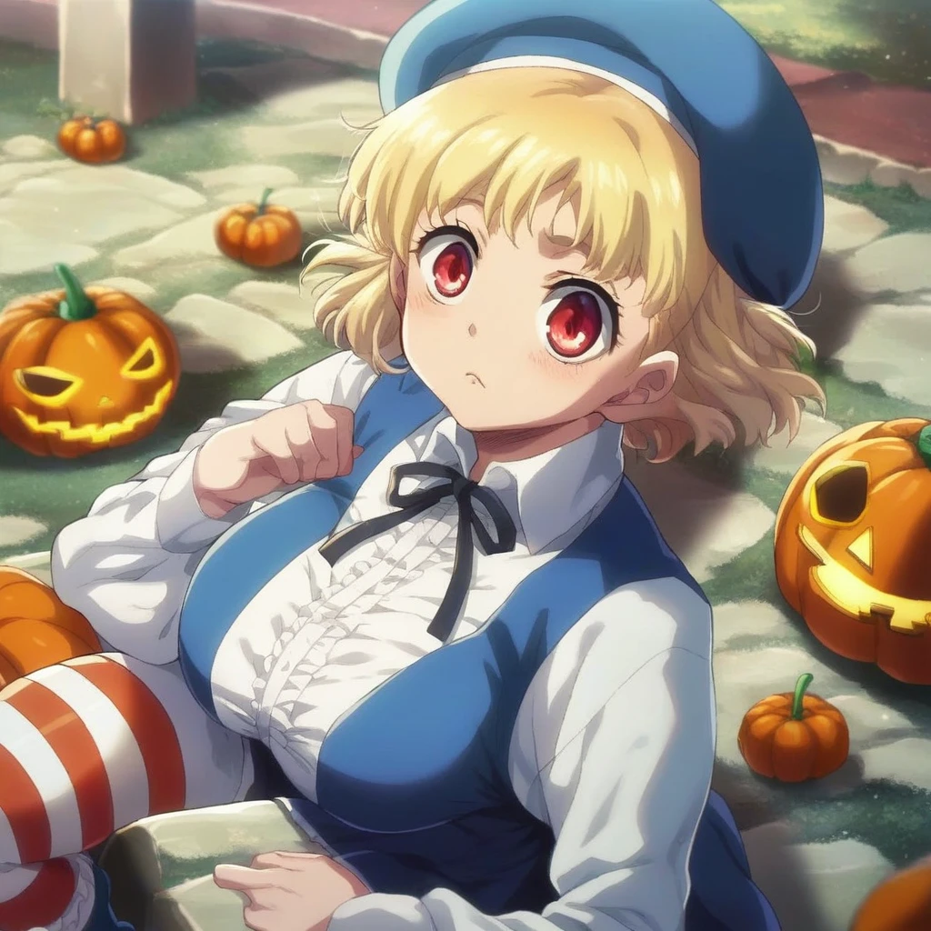 score_9, score_8_up, score_7_up, score_6_up, score_5_up, score_4_up, BREAK, source_cartoon, source_anime, Lambdadelta
blue beret
dress
blonde hair
short hair
blue and white striped knee highs
blue shoes
red eyes
pumpkin
jack-o’-lantern, portrait