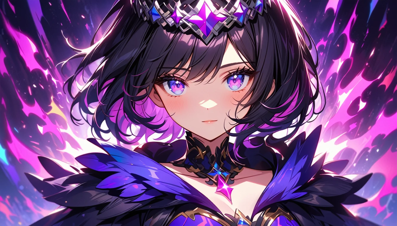 woman, black haired purple highlight, silver eyes, black and purple aura, short hair, crown with flames, glowing, glowing eyes, Glowing beauty.Dreamy art.Beautiful girl, starrystarscloudcolorful