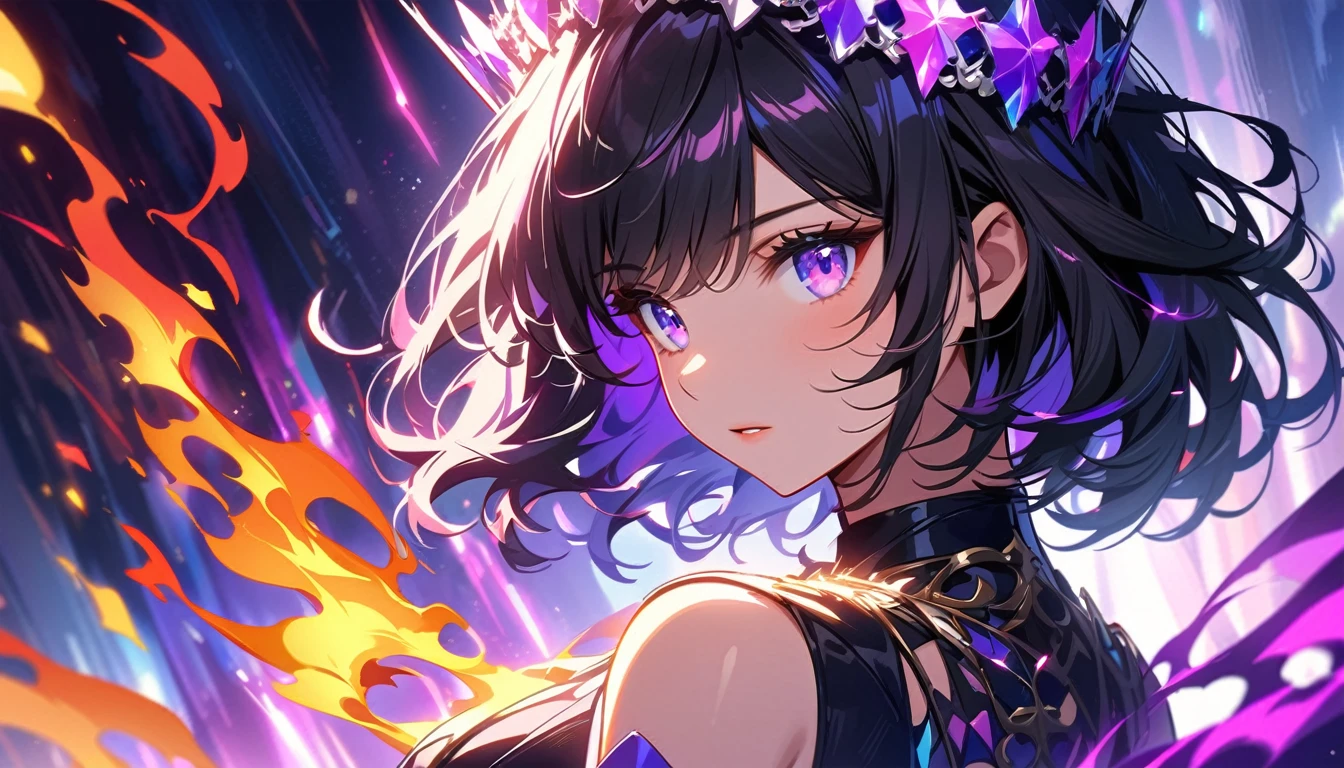 woman, black haired purple highlight, silver eyes, black and purple aura, short hair, crown with flames, glowing, glowing eyes, Glowing beauty.Dreamy art.Beautiful girl, starrystarscloudcolorful