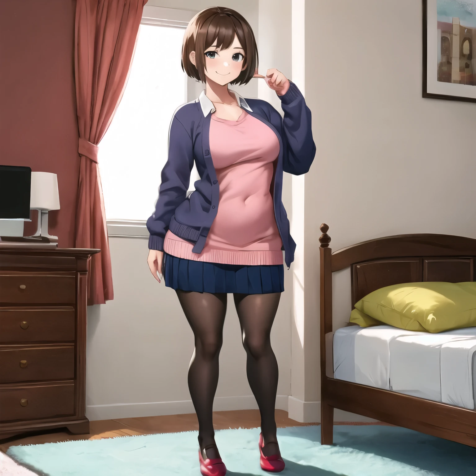 (((1girl))), short hair, pantyhose, shirt, cardigan, High Waist Skirt, Are standing,((full body)),(toe),shoses,smilng,curvy,bedroom,standing near bed,(sexly),Person Up,perfect face,cute,milf
