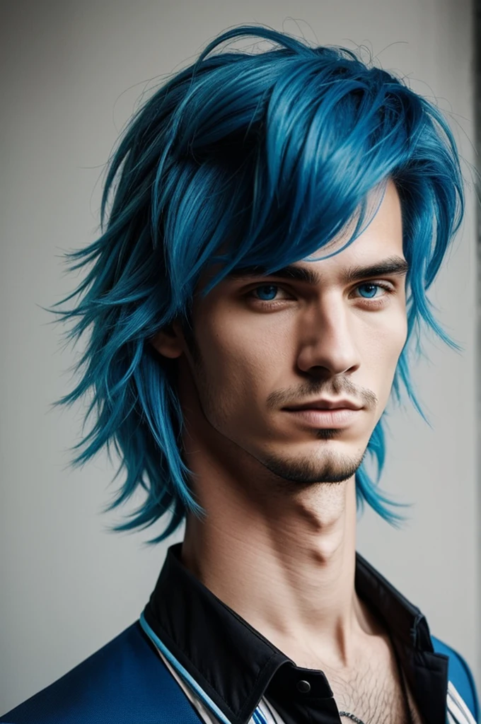man with blue hair dressed elegantly, that looks rocker at the same time