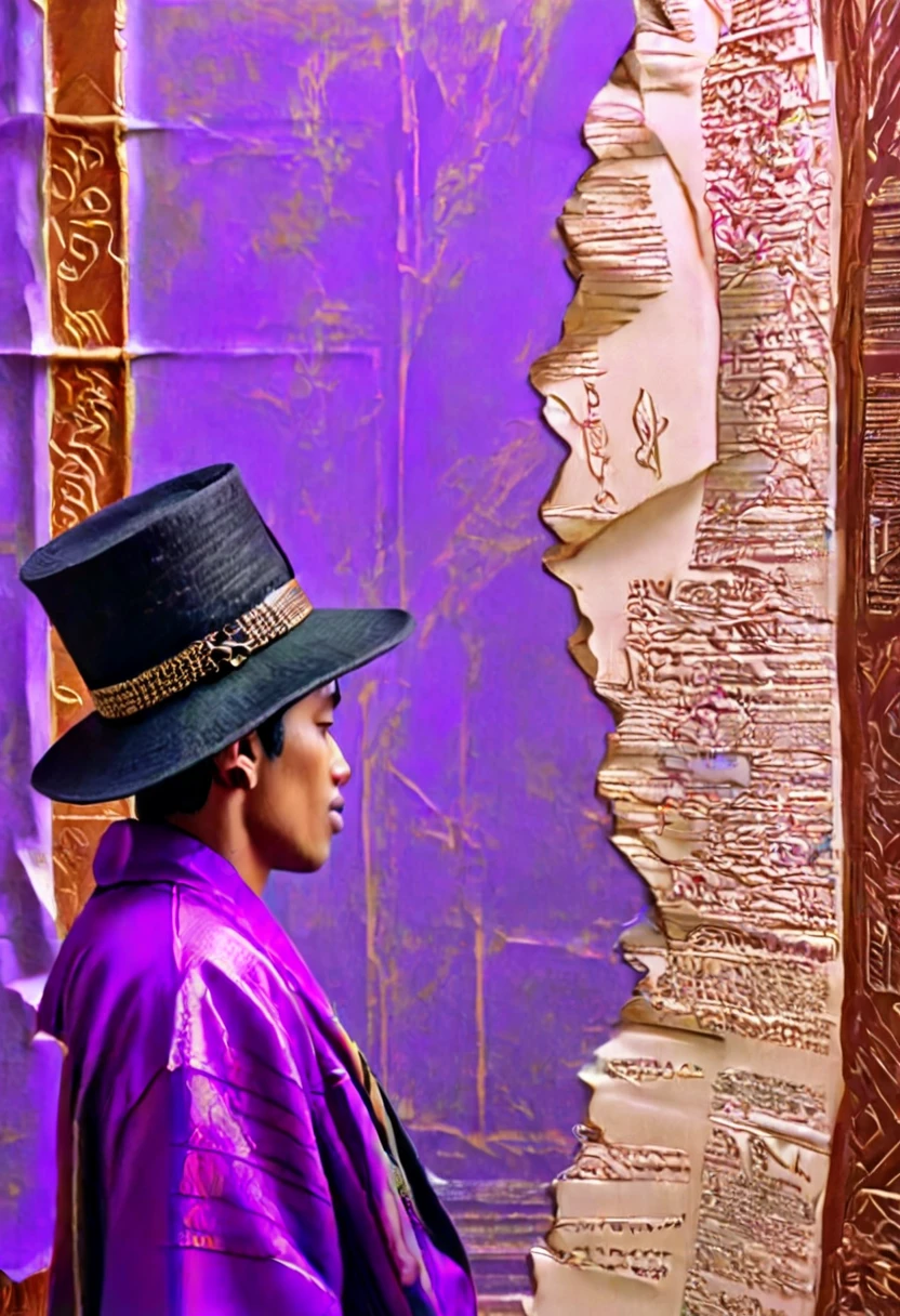 Back view of a man wearing a purple kimono and an old black hat reading an old brown book, centered, scale fit, rule of thirds, (shiny Egyptian ornaments), high resolution, sharp focus, (ultra detailed, highly detailed), (photorealistic artwork: 1.37), (highly detailed CG Unity 8k wallpaper), (((vibrant colors, vibrant theme))), (exquisite), (masterpiece), (best quality), art photography, (photo by sldr), (exquisite background), perfectly rendered face, perfect facial details, realistic face, photorealistic, ((exquisite details)), (((realism))),