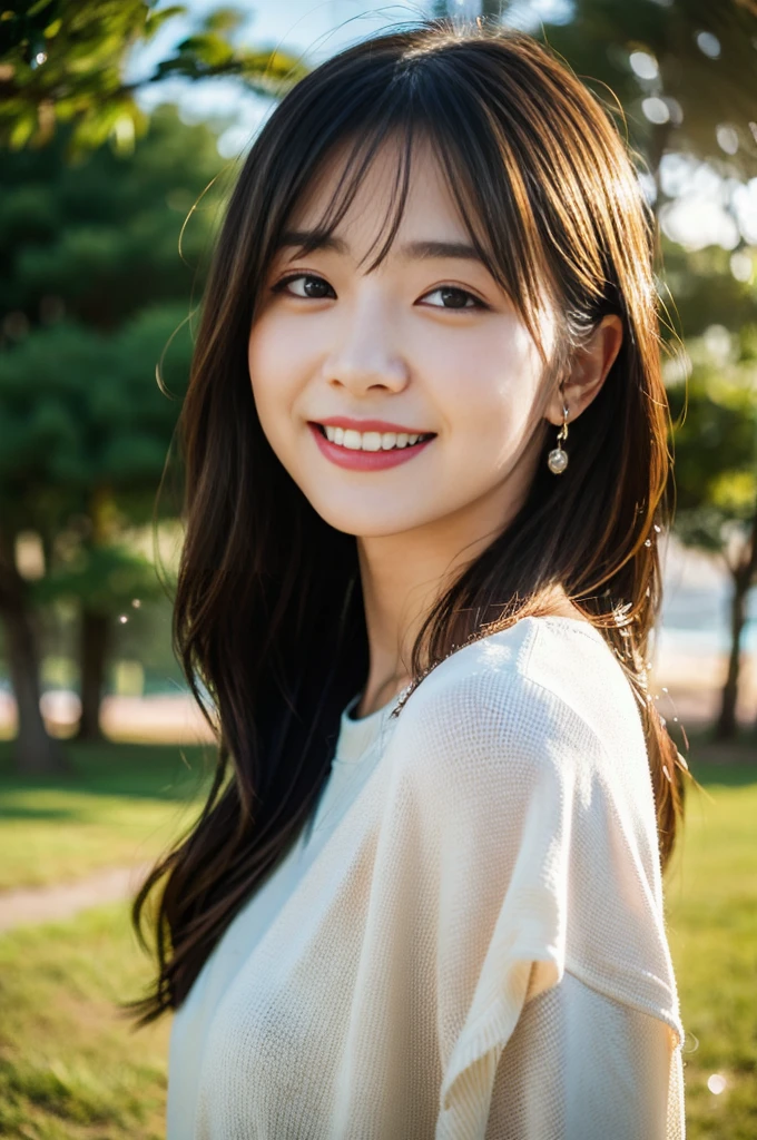 (8K, RAW Photos, Highest quality、masterpiece:1.2), (Realistic、Realistic:1.37), Japanese,like々Shii, Laughter, View your audience, Sun glare, Blurred Background, Particles of light, Strong winds,