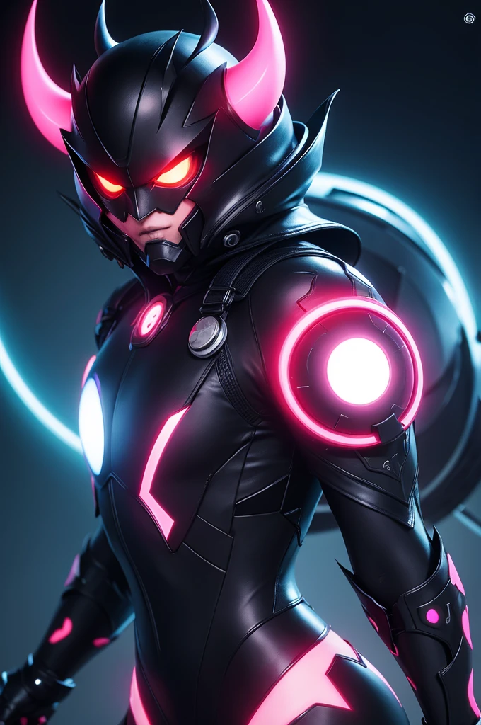 I want an ultra realistic character with the kawaii symbol glowing eyes villain outfit devil face