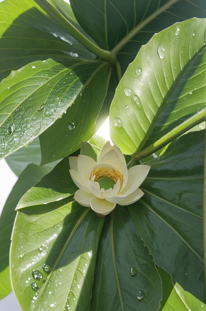 This is a close-up of a lotus leaf,There are water drops on it, translucent leaves, Green Leaf, Big Leaves, Green Leaf, Another close-up of Iwakura, Green backlit leaves, Green Leaf, backlight Green Leaf, vibrant colorful Green Leaf, highly detailed Green Leaf, Green tint, Natural background, Big Leaves, foliage in foreground,Clear texture,HD picture。