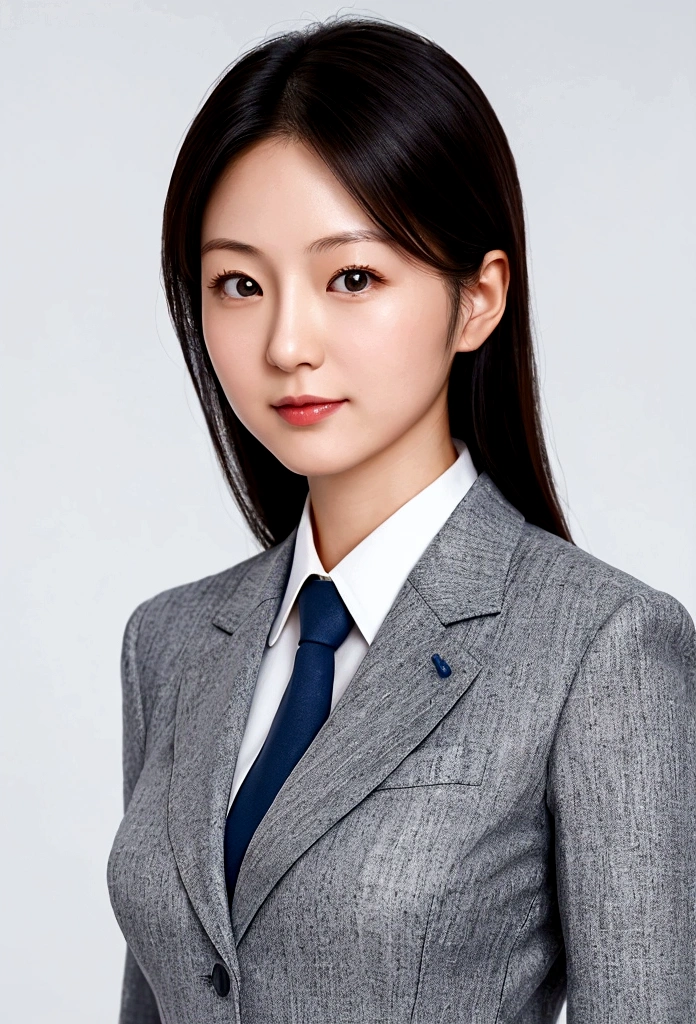 Japanese career woman in business suit. Upper body only, eyes and body facing front, Age 35. banker, in charge of accounting.