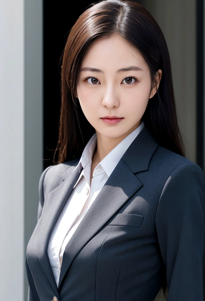 Japanese career woman in business suit. Upper body only, eyes and body facing front, Age 35. banker, in charge of accounting.