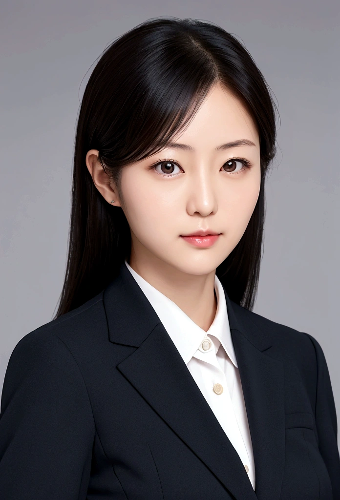 Japanese career woman in business suit. Upper body only, eyes and body facing front, Age 35. banker, in charge of accounting.