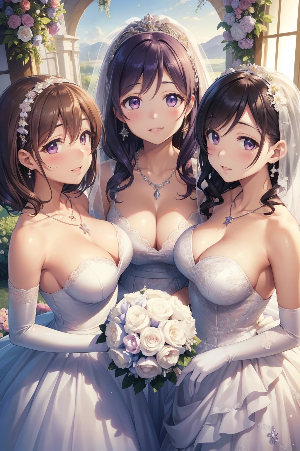 nozomitoujou, nozomi toujou, aichan, breasts, masterpiece, best quality, high resolution, extremely detailed face, good lighting, detailed CG, glossy lips, beautiful detailed eyes, wedding dress, elbow gloves, necklace, garden, bride and brjdesmaids, 3girls, (multiple girls)