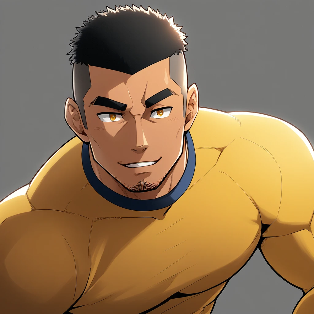 anime characters：Gyee, Young Muscle Sports Teacher, negro black skin, Buzz Cut, Manliness, male focus, Dark yellow long sleeve tight T-shirt, Slightly transparent texture, Very tight, Slightly transparent, muscular male, muscular, only, Upper body, alone, Black short hair, Thick eyebrows, stubble, Yellow eyes, Grey background, simple background, amazing quality, best aesthetics, Ridiculous, bright pupils, crew cut, parted lips, seductive smile, torogao, naughty face, best quality