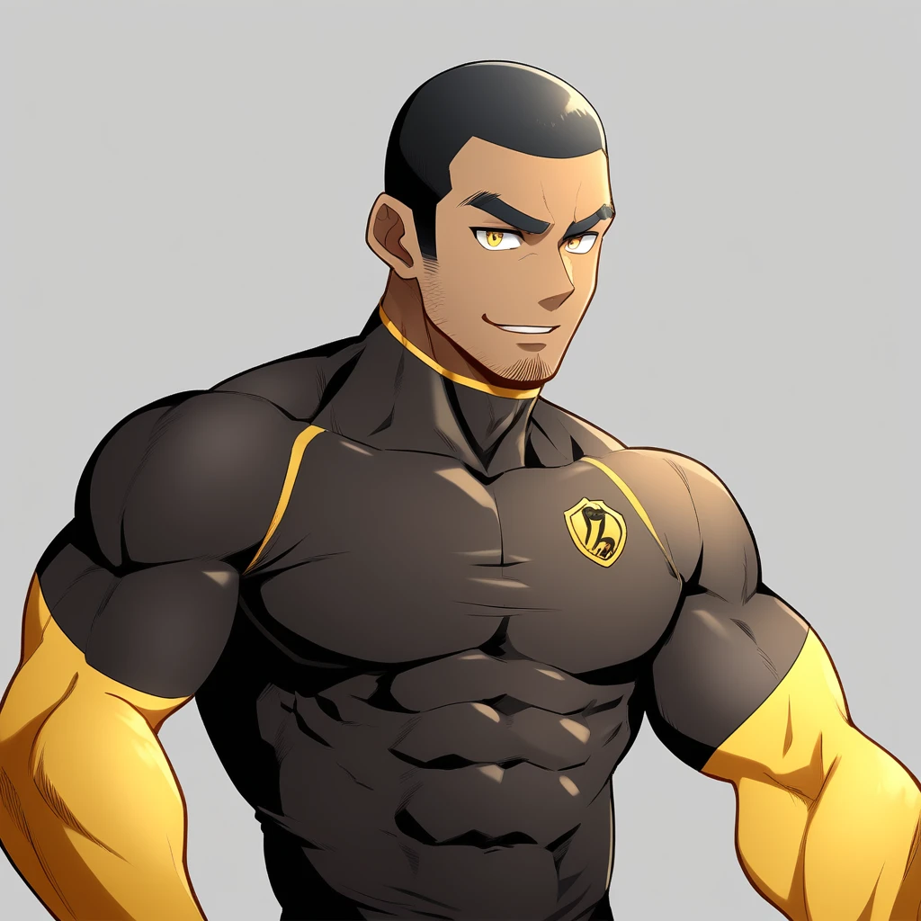 anime characters:Gyee, Young Muscle Sports Teacher, negro black skin, Buzz Cut, Manliness, male focus, Dark yellow long sleeve tight T-shirt, Slightly transparent texture, Very tight, Slightly transparent, muscular male, muscular, only, Upper body, alone, Black short hair, Thick eyebrows, stubble, Yellow eyes, Grey background, simple background, amazing quality, best aesthetics, Ridiculous, bright pupils, crew cut, parted lips, seductive smile, torogao, naughty face, best quality