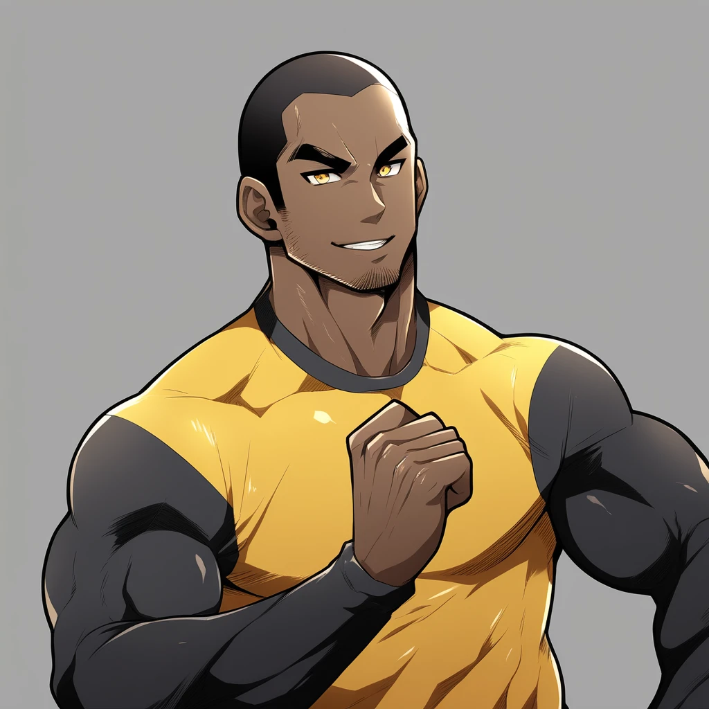 anime characters：Gyee, Young Muscle Sports Teacher, negro black skin, Buzz Cut, Manliness, male focus, Dark yellow long sleeve tight T-shirt, Slightly transparent texture, Very tight, Slightly transparent, muscular male, muscular, only, Upper body, alone, Black short hair, Thick eyebrows, stubble, Yellow eyes, Grey background, simple background, amazing quality, best aesthetics, Ridiculous, bright pupils, crew cut, parted lips, seductive smile, torogao, naughty face, best quality