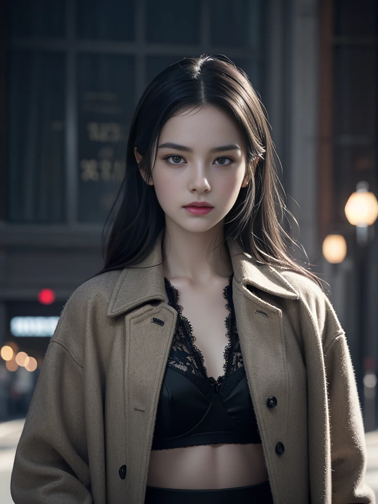 bra, Beautiful girl with realistic black eyes, Pale skin, Medium length black hair, Perfect Face, Perfect Eyes, Wearing a coat, Very detailed, Overall Movie, Digital Painting, 8K, Cinema Lighting, Highest quality, High resolution, Detailed work, Post-processing, Perfect results, Ultra-realistic