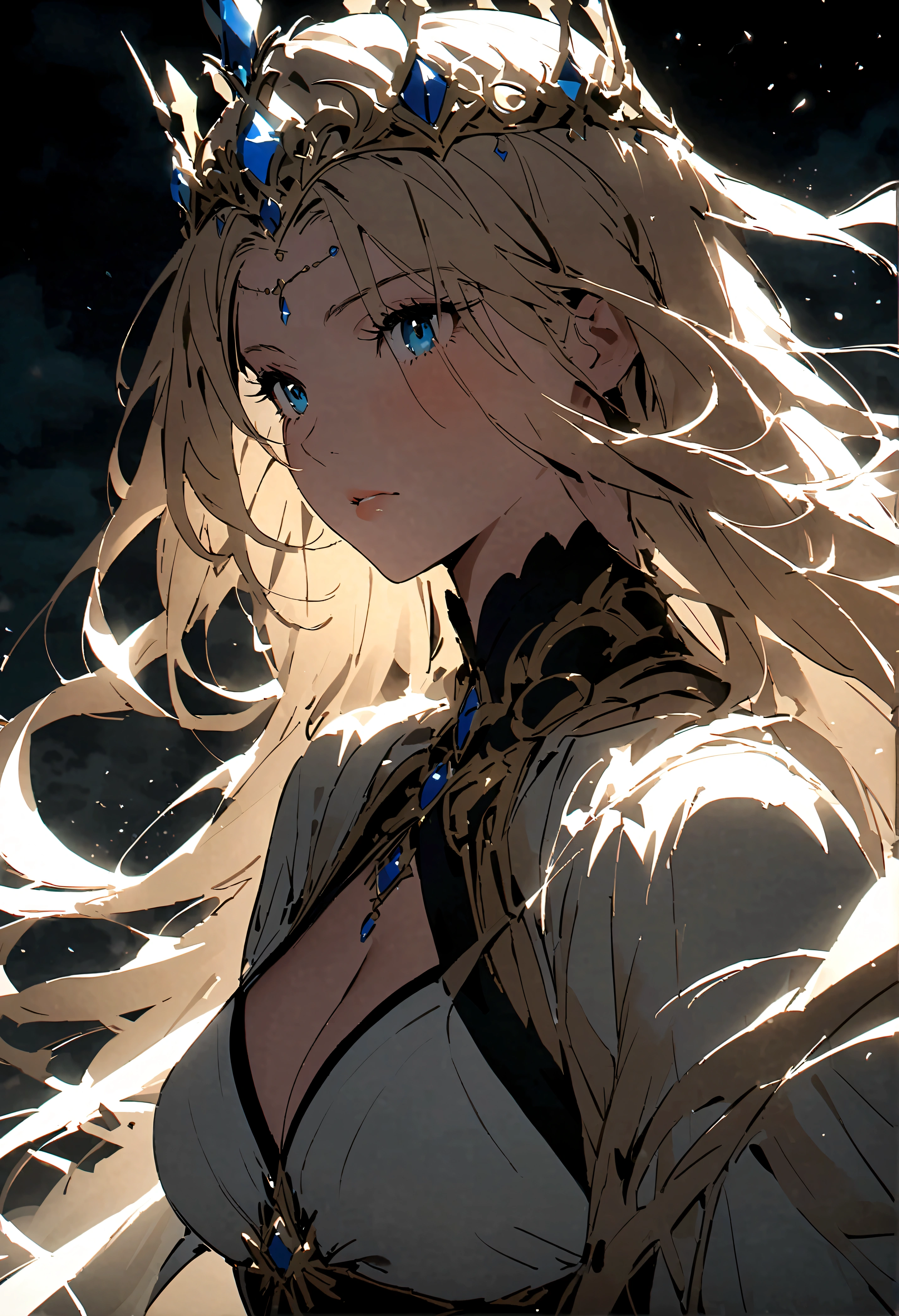 (only one person),Dark sky,((Winter)),dark clouds,Ice Crown,goddess,(Short flowing hair),Sexy,noble,grace