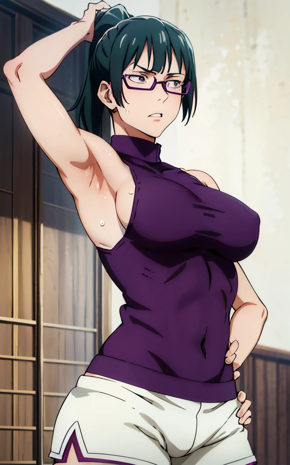 Maki Zenin, purple lingrie bra, shorts pants, curved, dark green hair, ponytail, well proportioned, muscular, large thighs, medium chest, purple glasses, gym background, armpits visible, sweaty armpits, very sweaty armpits, sweaty