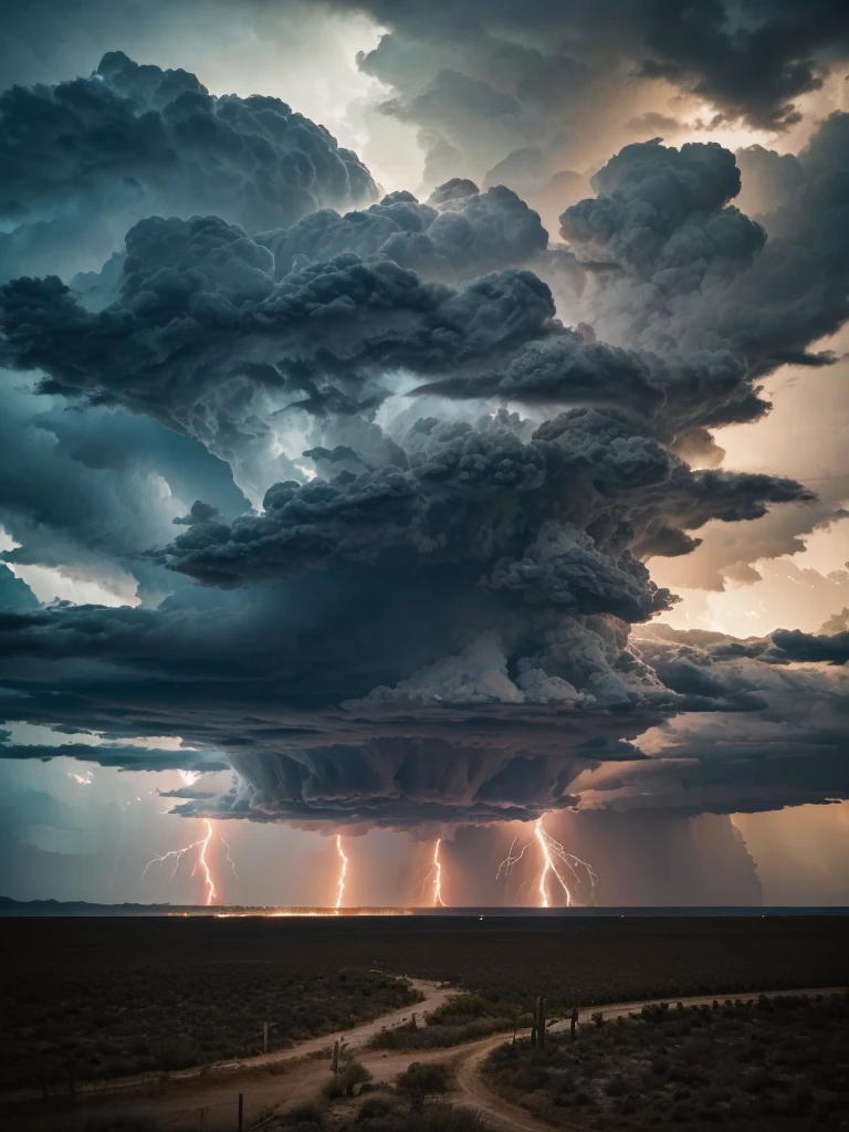 arafed cloud formation over a desert landscape with saguados and saguados, mammatus clouds, intimidating clouds, dark mammatus cloud, towering cumulonimbus clouds, thunder clouds in the sky, strange clouds, thunderclouds in the sky, massive clouds, cumulonimbus clouds, giant clouds, storm clouds, thunderclouds, weather photography, amazing lightning art, natural lightning, creepy lightning, amazing lightning, dramatic lightening, lightning creating life, crackling with lightning, epic lightning, colossal lightning, scary lightning, beautiful lightning, lightning strikes, exquisite lightning, insane lightning, national geographic photo”, thunderstorm and fire, lightning strike